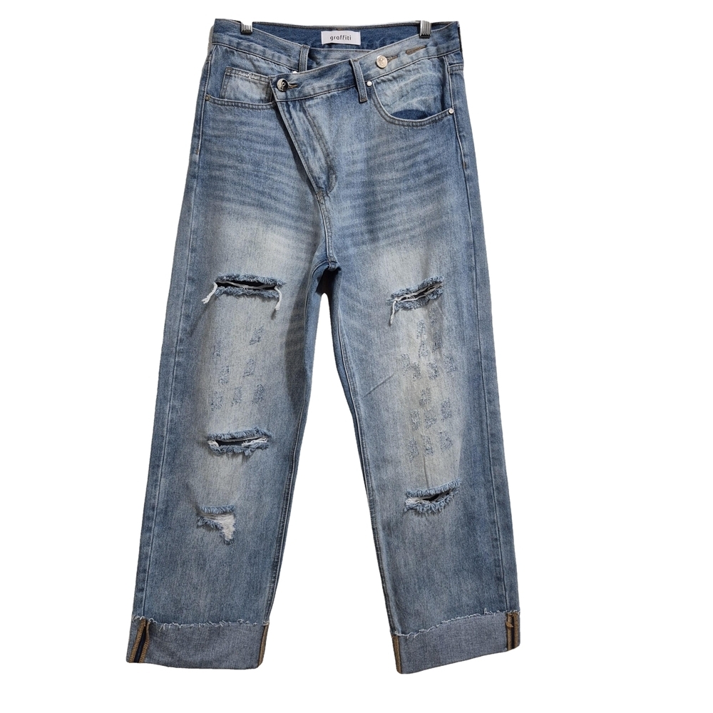 Graffiti Relaxed Blue Distressed Denim Jeans Sz 7